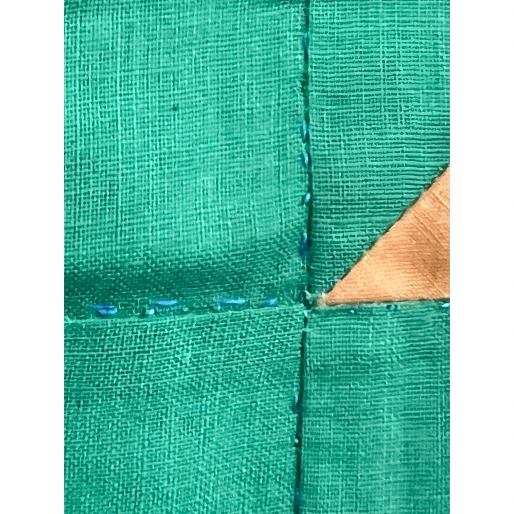 Vintage Hand Stitched Patchwork Quilt Leaf Blocks Blue Green Full Queen 92x88